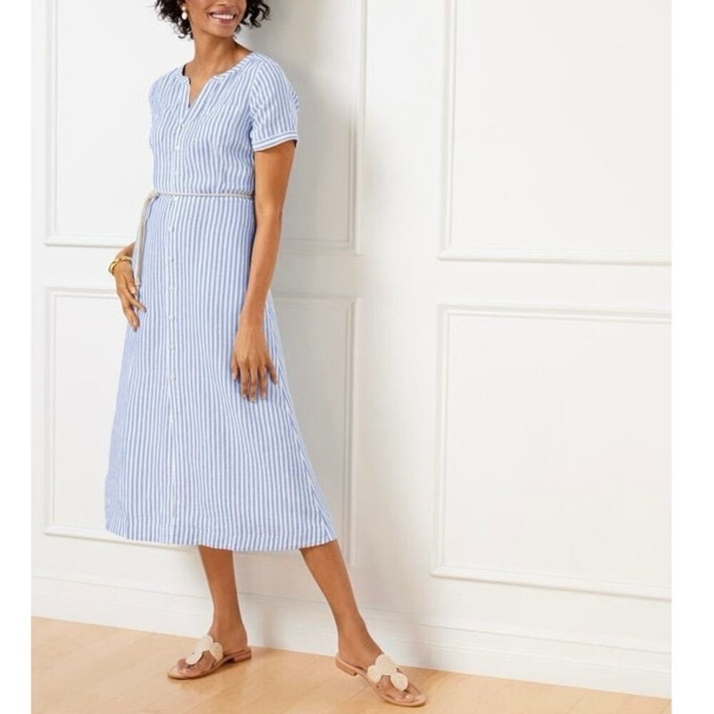 Talbots 100% Linen Striped Midi Shirt Dress Blue White Size 4 Coastal Preppy